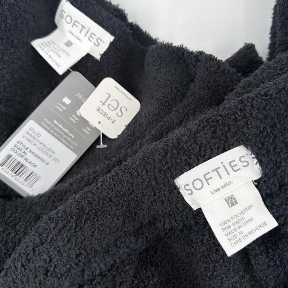 Softies Black Solid Marshmallow V-Neck Lounge Set Size XL
